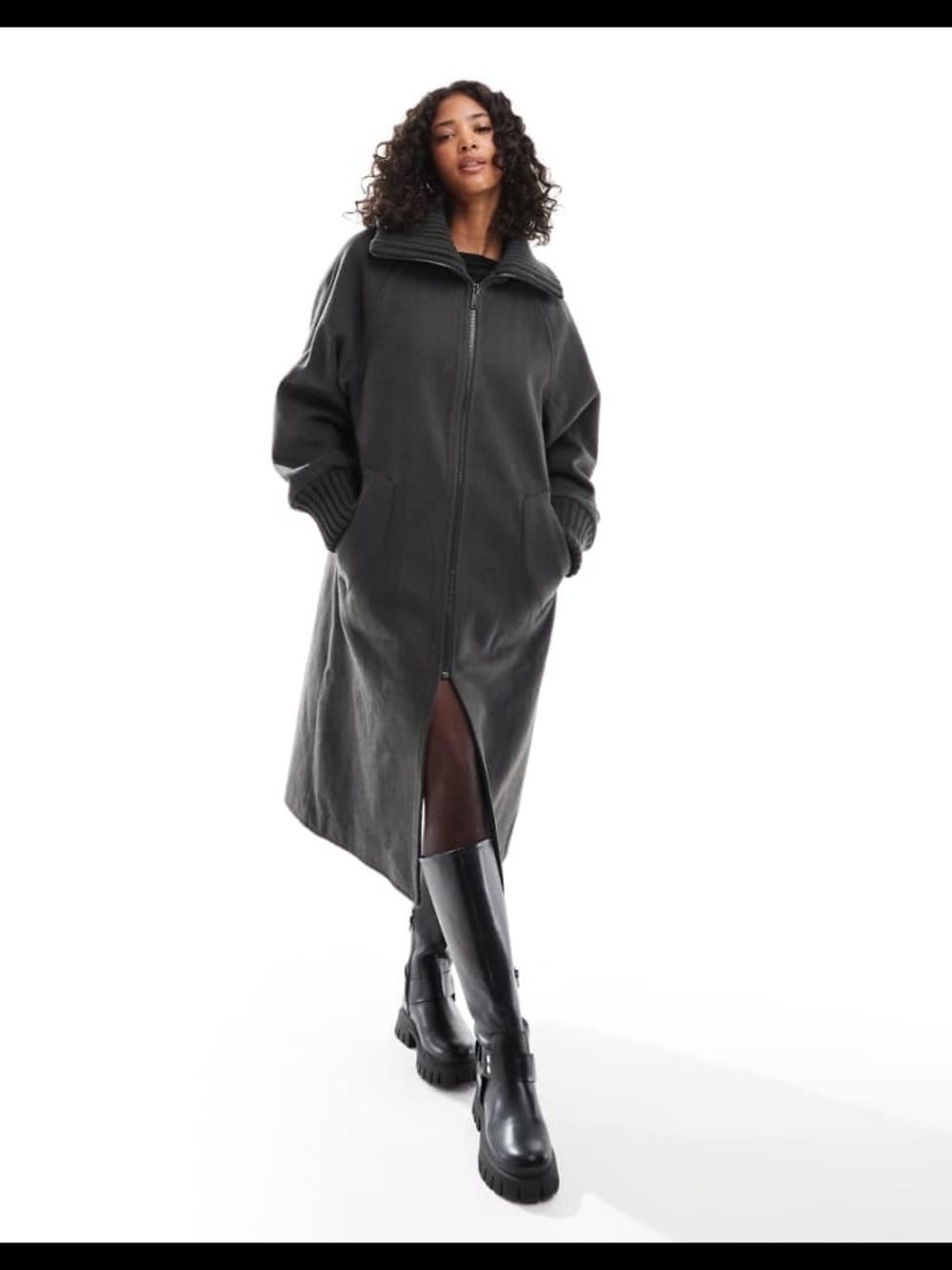 ASOS DESIGN knit collar longline coat in charcoal MEDIUM
